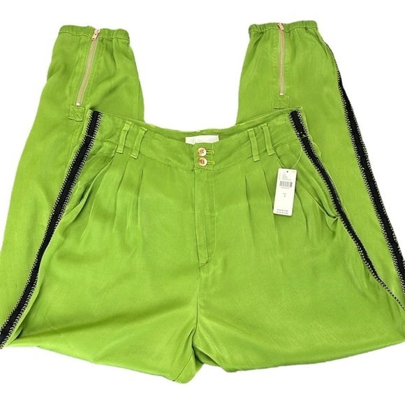 Anthropologie Deandra Green Tuxedo Satin Joggers 4 Ankle Zip Viscose High Rise - Picture 1 of 16